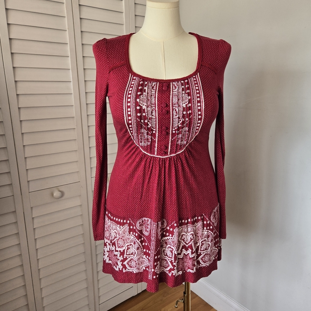 Next Red Boho Paisley Long Sleeve Tunic Top Size US 6 Folk Indie Romantic Y2K